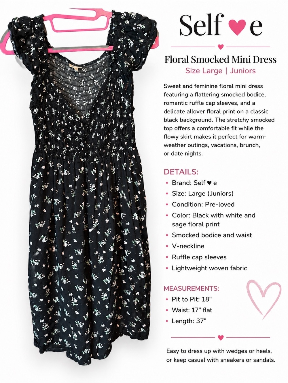 Self•e Black Floral Smocked Mini Dress